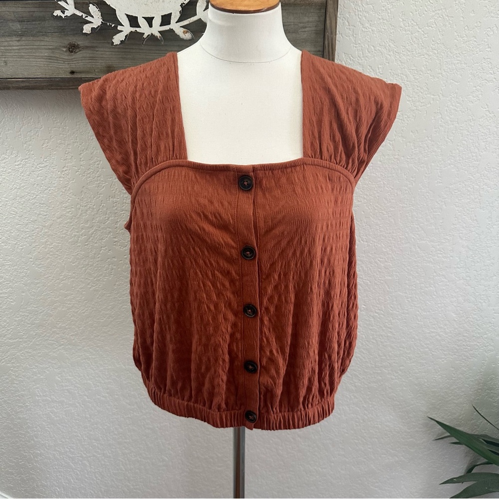 Madewell Crinkle Knit Button Front Top L‎ NWT Afterglow Red ND803